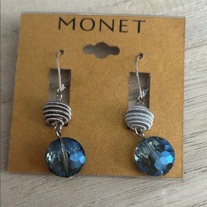 MONET Silver tone Lever back Dangle earrings Silver coils and Blue beads NEW